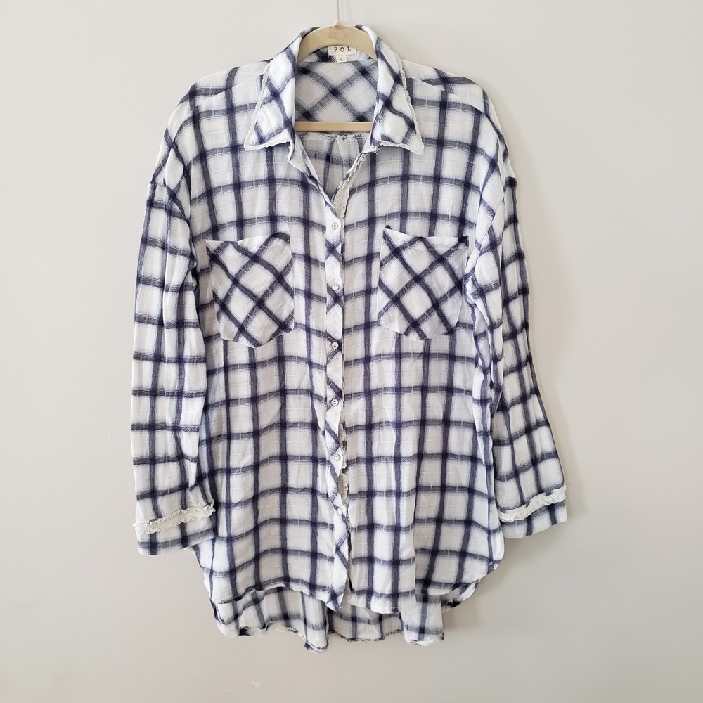 POL Oversized Plaid Cottagecore Shirt Top SIZE L Cabin Country Lace Trim Cotton